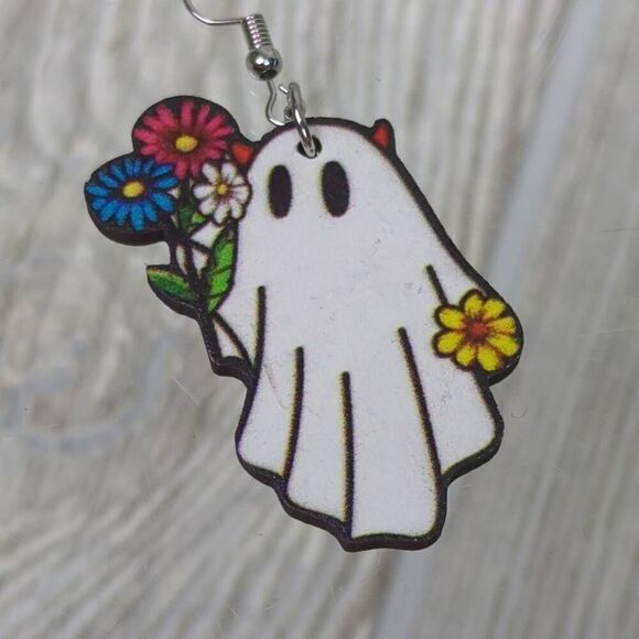 Halloween Spooky Ghost with Flowers Wire Dangle Earrings White 1.5" - Picture 3 of 4
